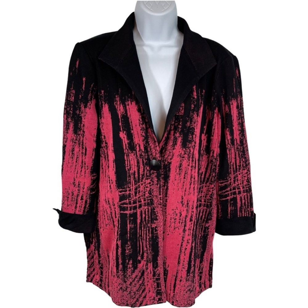 Ming Wang Abstract Knit One Button Jacket Cardigan M Black Pink